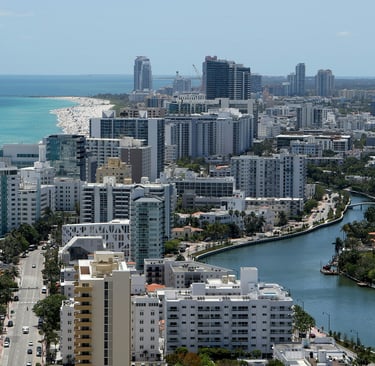 Aerial view of Miami's South Beach showing colorful Art Deco buildings on Ocean Drive