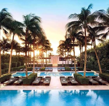 The Setai Miami Beach infinity pools overlooking the Atlantic Ocean with lounge chairs and minimalis