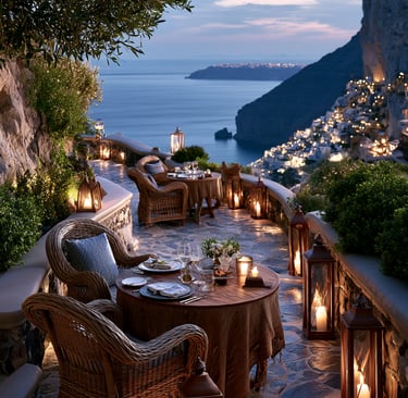 Romantic candlelit dinner on a cliffside terrace overlooking the Mediterranean sea at twilight.