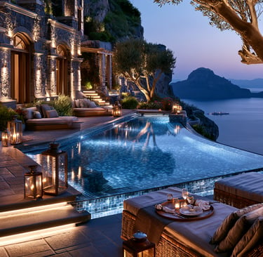 Luxury infinity pool at a Mediterranean villa with lanterns overlooking the sea at sunset.