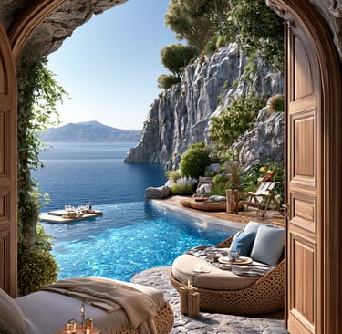 Luxury cave villa patio featuring an infinity pool overlooking the Mediterranean Sea and coastal cliffs.