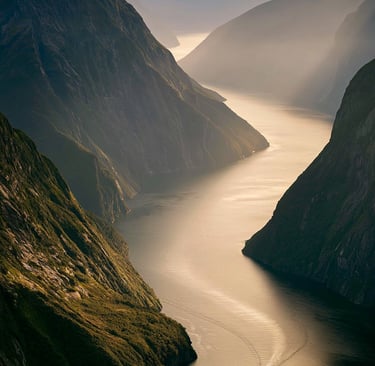 Aerial view of a boat cruising through Milford Sound's deep fjord mountains in New Zealand at sunset.