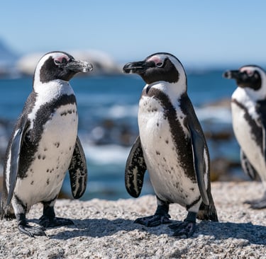African penguins standing on rocks at Boulders Beach, South Africa, with the blue ocean background.