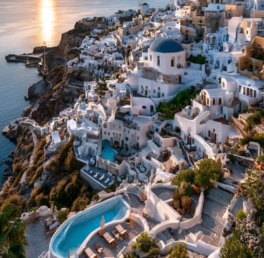 Sunset over Oia, Santorini, featuring white cliffside buildings, blue domes, and luxury pools.
