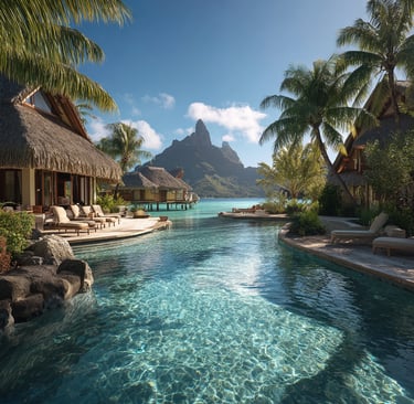 Luxury overwater bungalows and a crystal clear lagoon at a tropical Bora Bora resort.