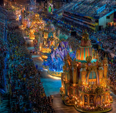 Elaborate Rio Carnival floats parade through the Sambadrome at night surrounded by cheering crowds.