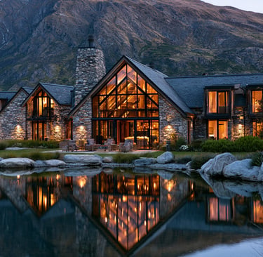 Luxury stone lake house with glass windows reflecting in water at the foot of a mountain.