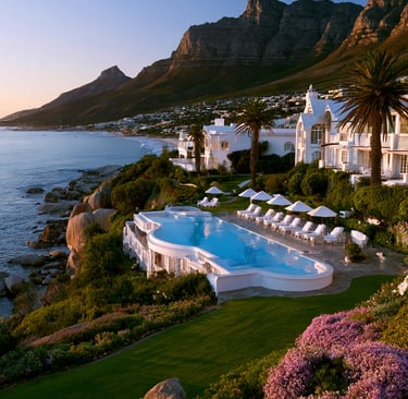 Luxury resort infinity pool overlooking the ocean and Twelve Apostles mountains in Cape Town.