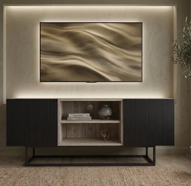 Modern living room featuring a wall-mounted TV over a black fluted sideboard and indoor olive tree.