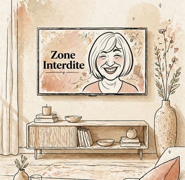 Watercolor illustration of a living room with Zone Interdite playing on a TV screen.