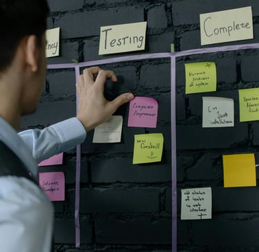 a man in a vest and vest is writing on a wall