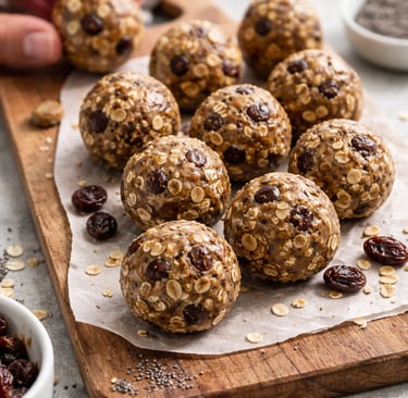 Homemade energy balls made with oats, raisins and nut butter ready to eat