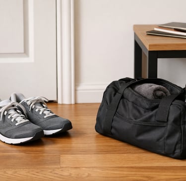 Training shoes and gym bag prepared at home to support a consistent fitness routine