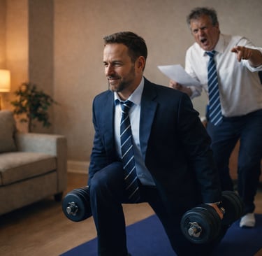 Man training at home after work while his boss shouts in the background