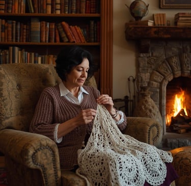 Femme brune qui fait du crochet dans un fauteuil de salon