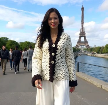 Gilet Chamoisy beige au crochet motif floral, larges boutons et bordure foncée