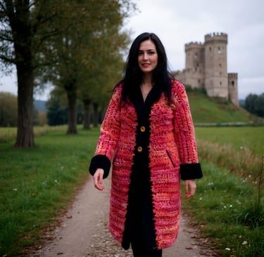 Manteau Châtelaine fait main au crochet rouge éclatant avec détails noirs