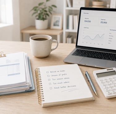 Small business bookkeeping checklist on an organized office desk