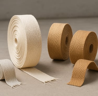 Wide flat woven paper ribbon with clear weaving texture, made from paper