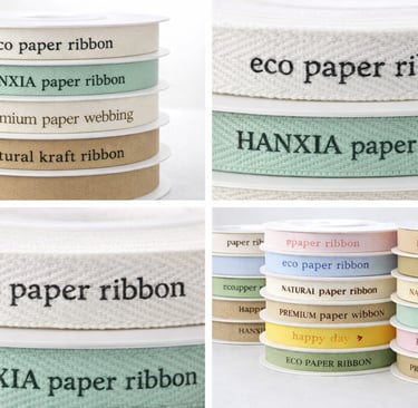 Bulk printed woven paper ribbon rolls showing sharp logo clarity by Hanxia Factory.