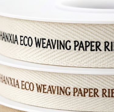 Custom logo printed woven paper ribbons on spools for branded packaging