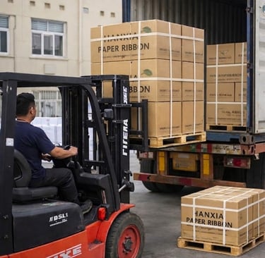 Forklift loading bulk paper ribbon orders into a shipping  container at Hanxia Factory