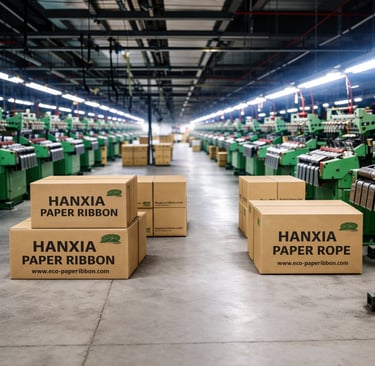 Shuttleless loom workshop for bulk woven paper ribbon production by Hanxia Factory.
