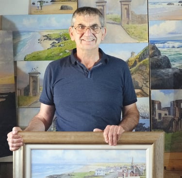 This is me in my studio with some of my paintings