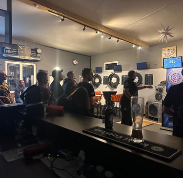 a group of people standing around