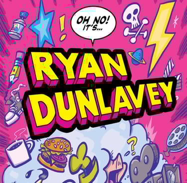 logo of artist Ryan Dunlavey block letters of his name against a chaotic cartoon background