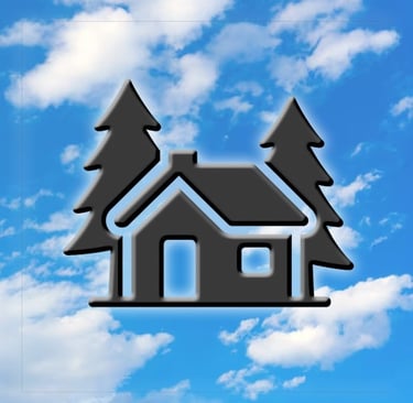 Holiday home with trees icon on blue sky background