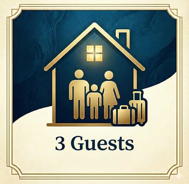 a family with luggage bags and a house with three people