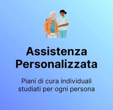 Operatrice sanitaria che assiste una donna anziana, con il testo "Assistenza Personalizzata"