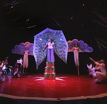 Una donna con un costume da Pavone sul palco insieme ad altri figuranti nello spettacolo di circo