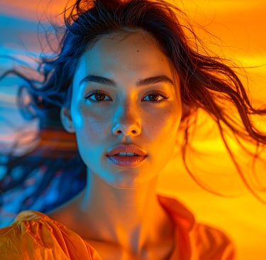 a woman with long hair and a bright orange dress