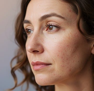 a woman with frecked hair and acne