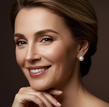 a woman with a pearled necklace and earrings