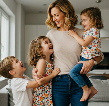 a woman holding two children and a baby in her arms