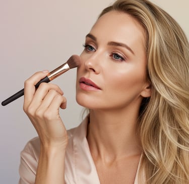 a woman with blonde hair and a pink lipstick