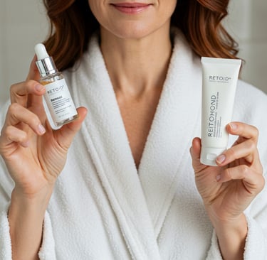 a woman in a robe holding a bottle of cream