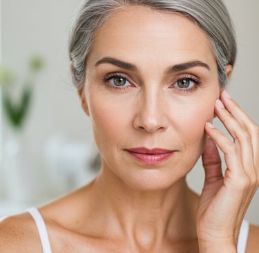 a woman with gray hair and a white tank top