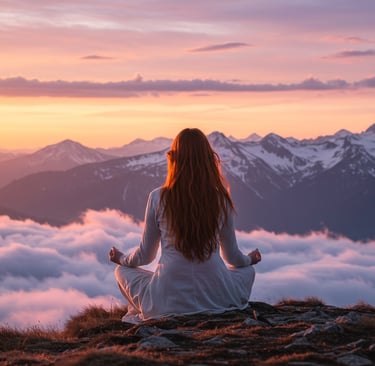 a woman sitting on a mountain top with her hands in her hands