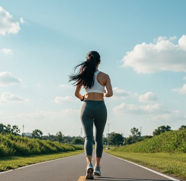 a woman in a white tank top and leggings is running on a paved