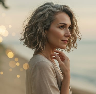 a woman with a short haircut and a tan top