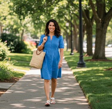 a woman in a blue dress walking down a sidewalk