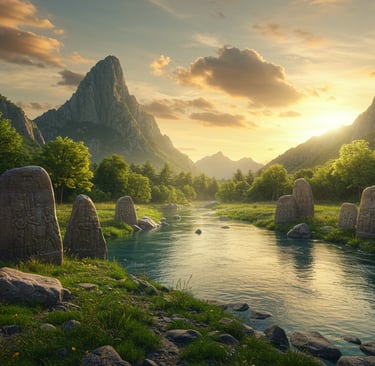 a river with rocks and a mountain in the background