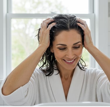 a woman in a bathrobear with a hairdoodle