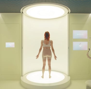 a woman in a white underwearsuit standing in a room