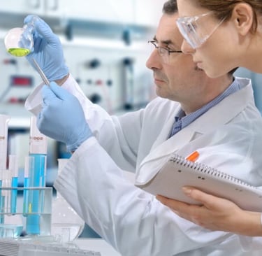 a man and woman in lab coats and gloves