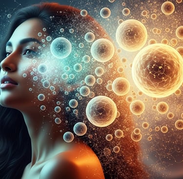 a woman with a glowing head and a glowing orb of bubbles